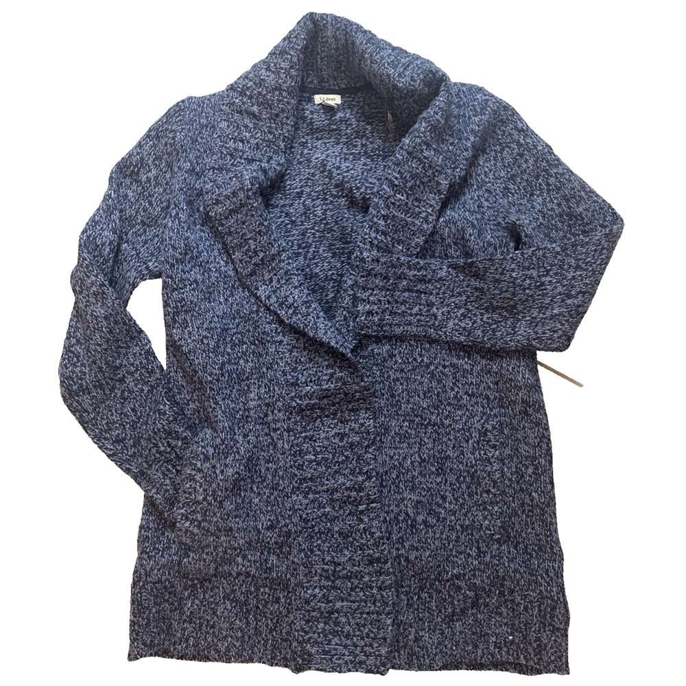 VTG LL Bean Women M Blue 100% Lambwool Chunky Knit Shawl Collar Cardigan Sweater
